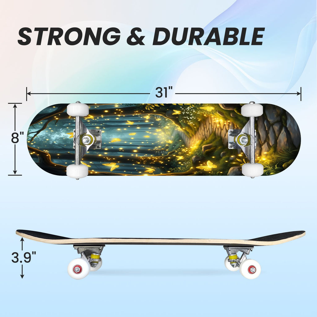 31"x8" Complete Skateboards for Beginners, Magical Forest Glowing Mushrooms Twinkling Fantasy Double Kick 7 Ply Canadian Maple Deck Skateboard with Wheels, Gifts for Kids Teens