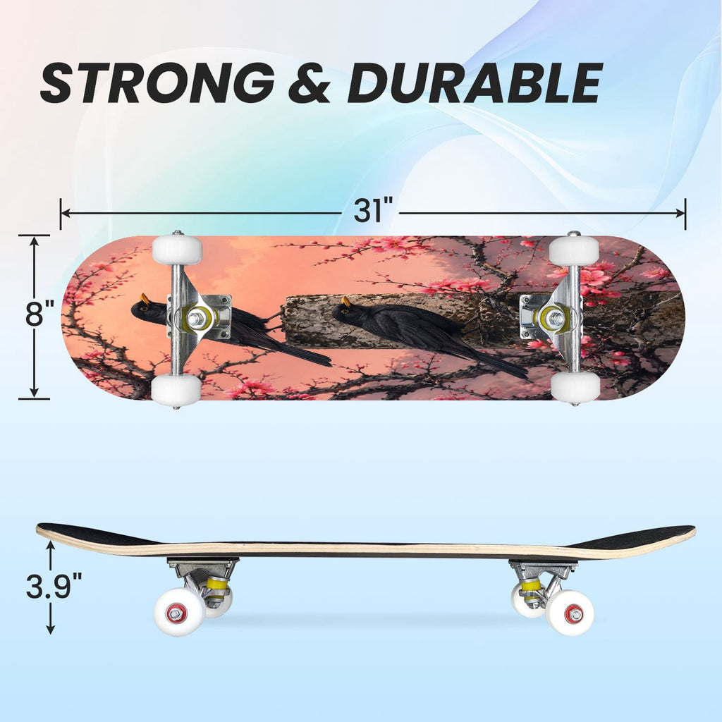 31"x8" Complete Skateboards for Beginners,Halloween Themed Pumpkins Witch Hats Spooky Double Kick 7 Ply Canadian Maple Deck Skateboard with Wheels, Gifts for Kids Teens