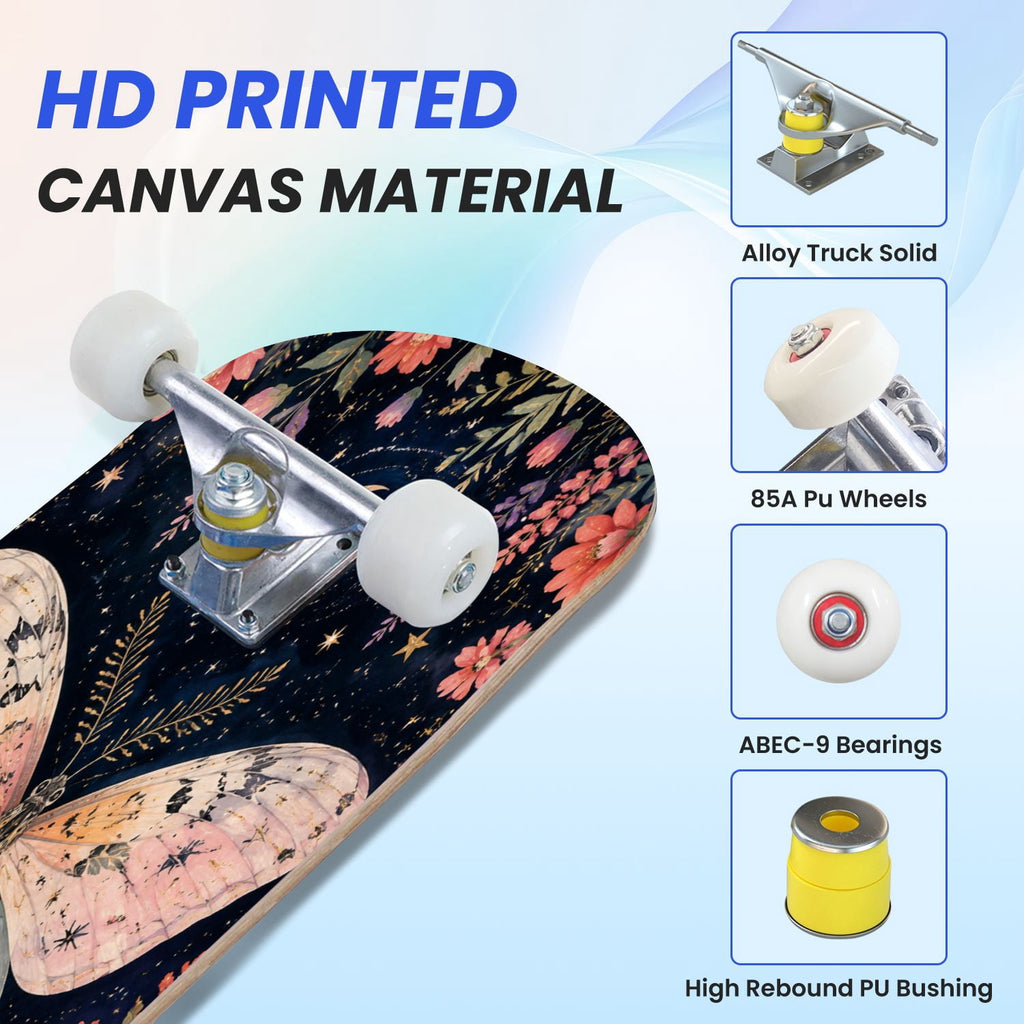 31"x8" Complete Skateboards for Beginners, Colorful Butterfly Blooming Flowers Under Full Moon Starry Double Kick 7 Ply Canadian Maple Deck Skateboard with Wheels, Gifts for Kids Teens