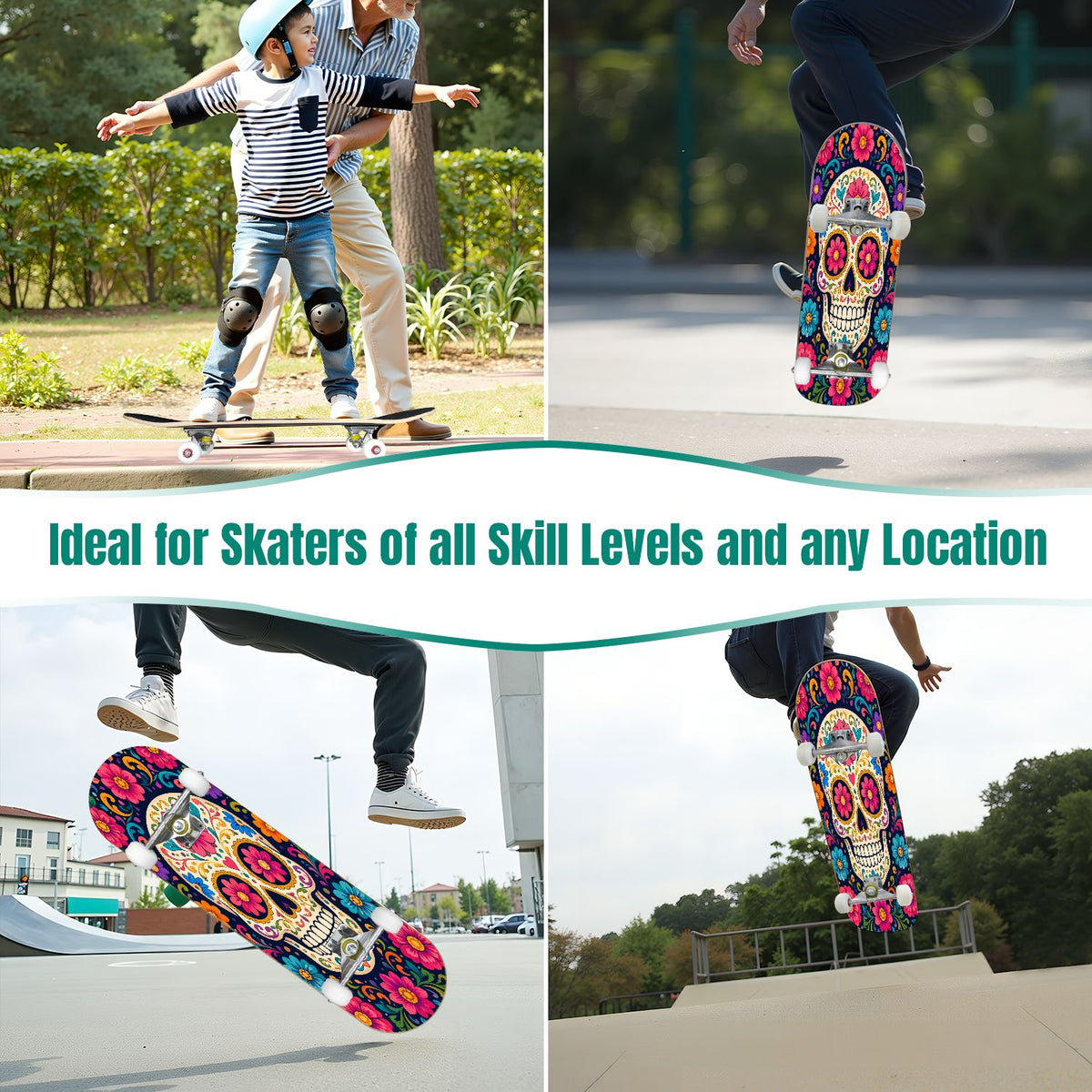 31"x8" Complete Skateboards for Beginners, Colorful Sugar Skulls Floral Patterns Mexican Double Kick 7 Ply Canadian Maple Deck Skateboard with Wheels, Gifts for Kids Teens