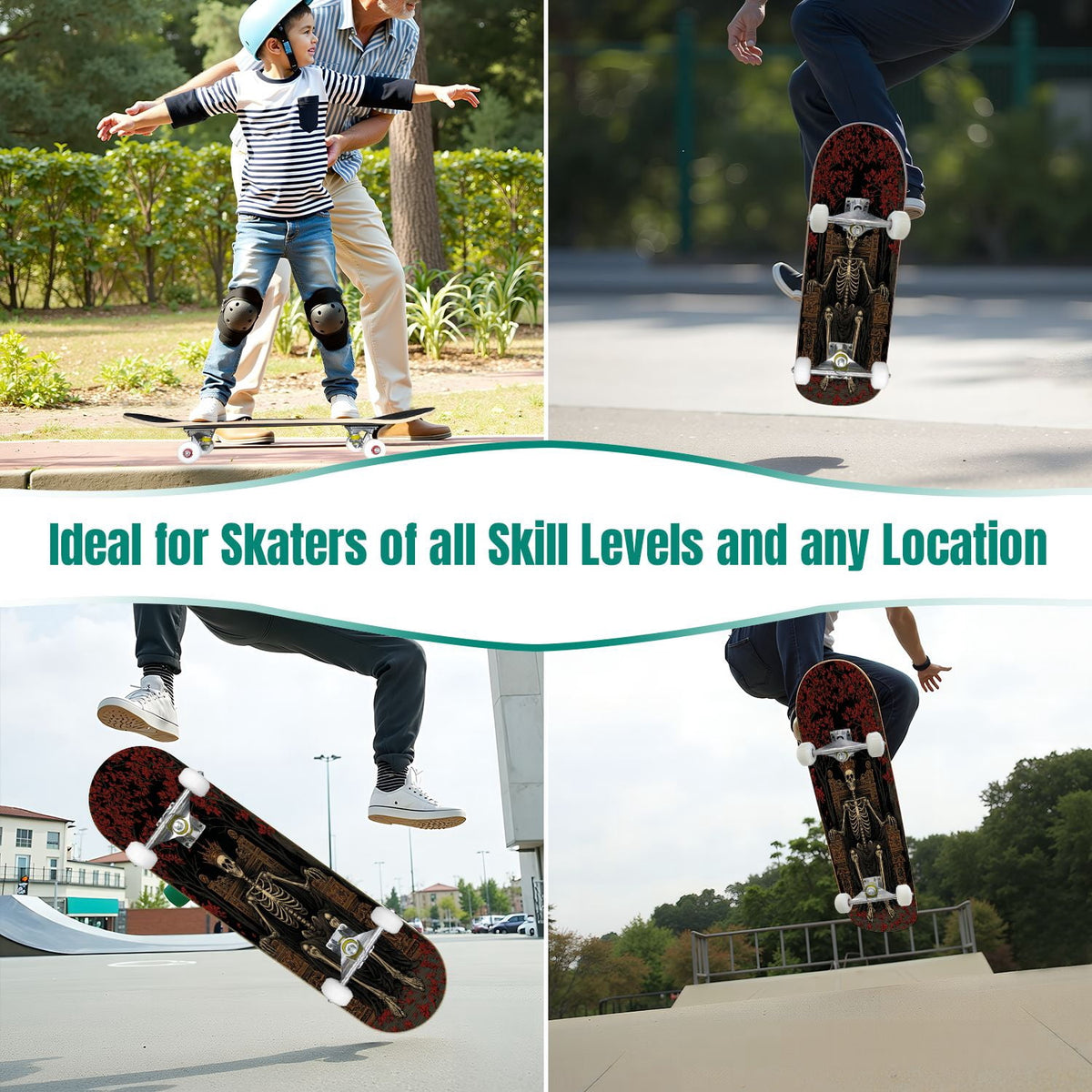 31"x8" Complete Skateboards for Beginners, Romantic Skeletons Blooming Roses Dark Academia Double Kick 7 Ply Canadian Maple Deck Skateboard with Wheels, Gifts for Kids Teens