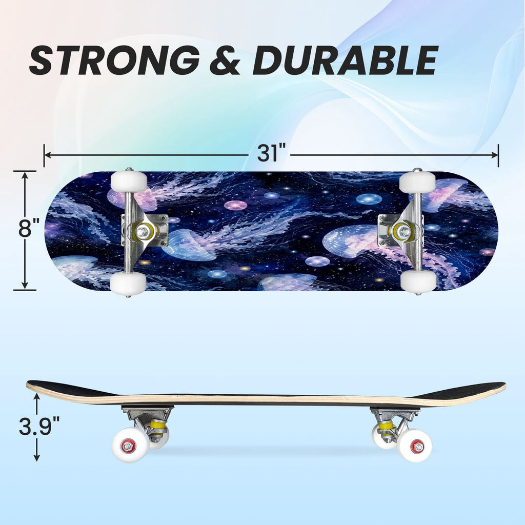 31"x8" Complete Skateboards for Beginners, Seashell Starfish Blue White Nautical Marine Life Double Kick 7 Ply Canadian Maple Deck Skateboard with Wheels, Gifts for Kids Teens