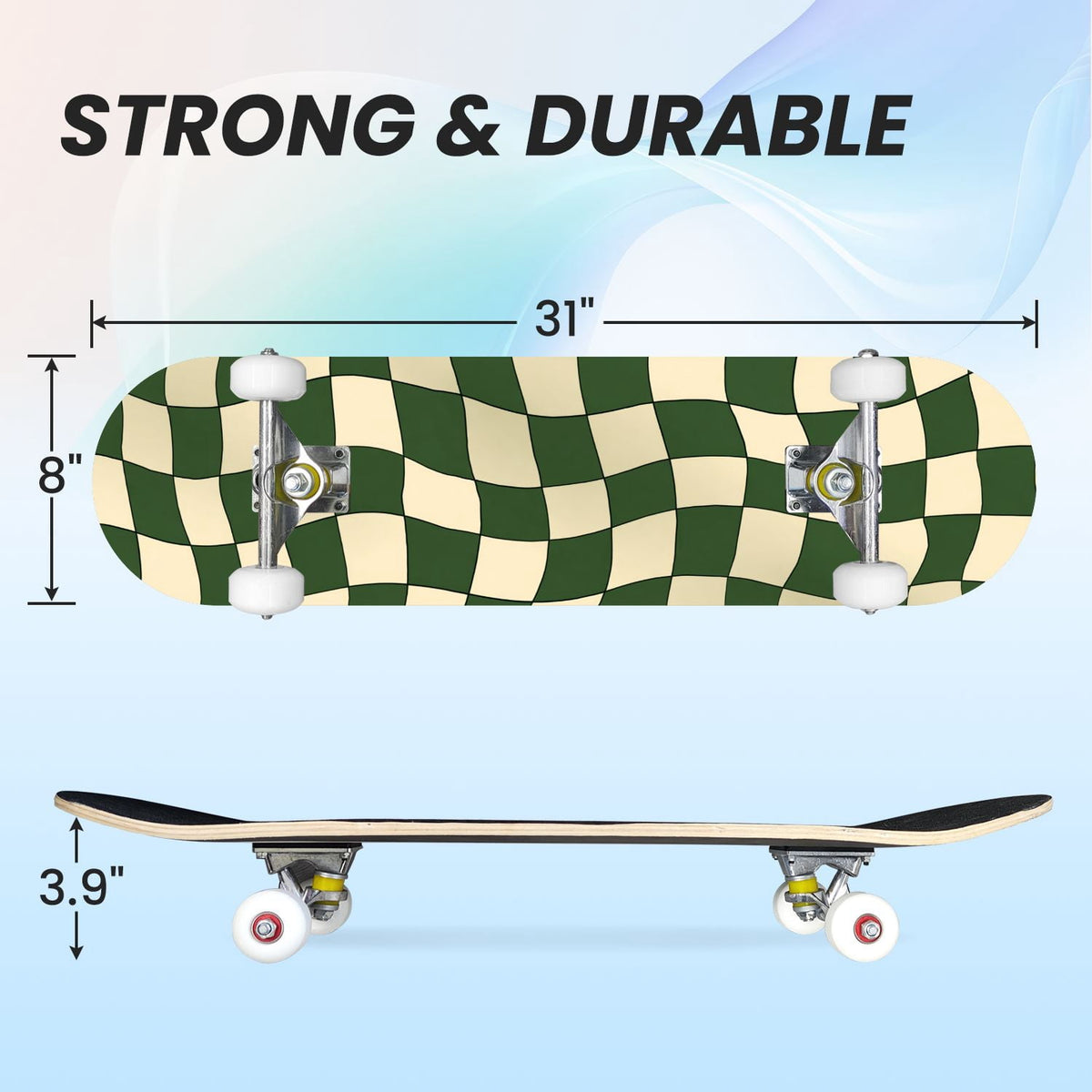 31"x8" Complete Skateboards for Beginners,Black Pink Checkered Retro Aesthetic Double Kick 7 Ply Canadian Maple Deck Skateboard with Wheels, Gifts for Kids Teens