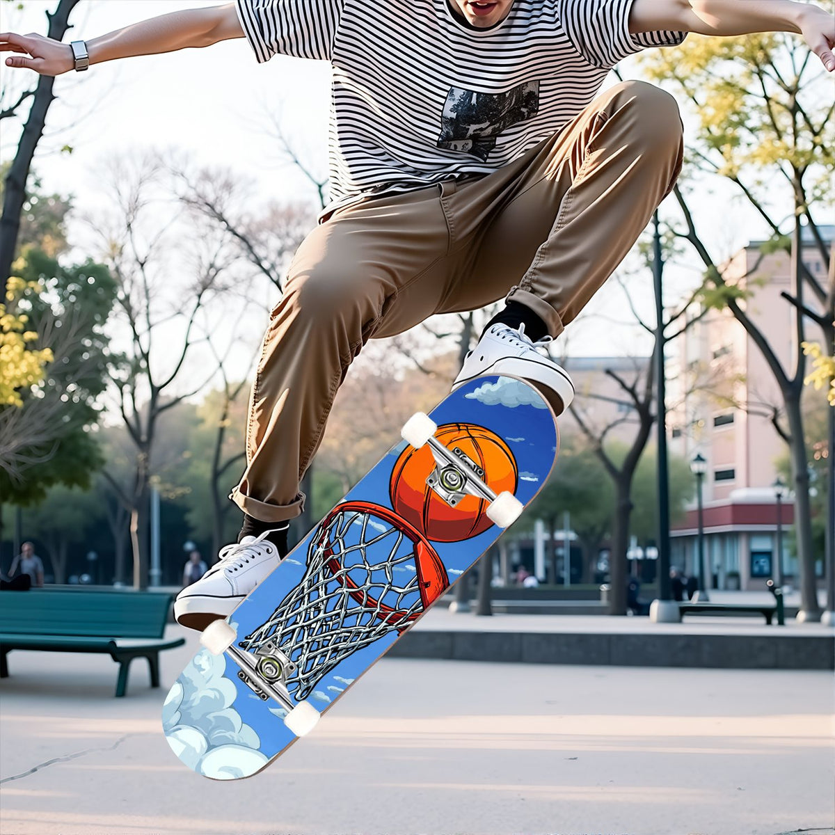 31"x8" Complete Skateboards for Beginners,Orange Basketball Hoop Blue Sky Clouds Double Kick 7 Ply Canadian Maple Deck Skateboard with Wheels, Gifts for Kids Teens