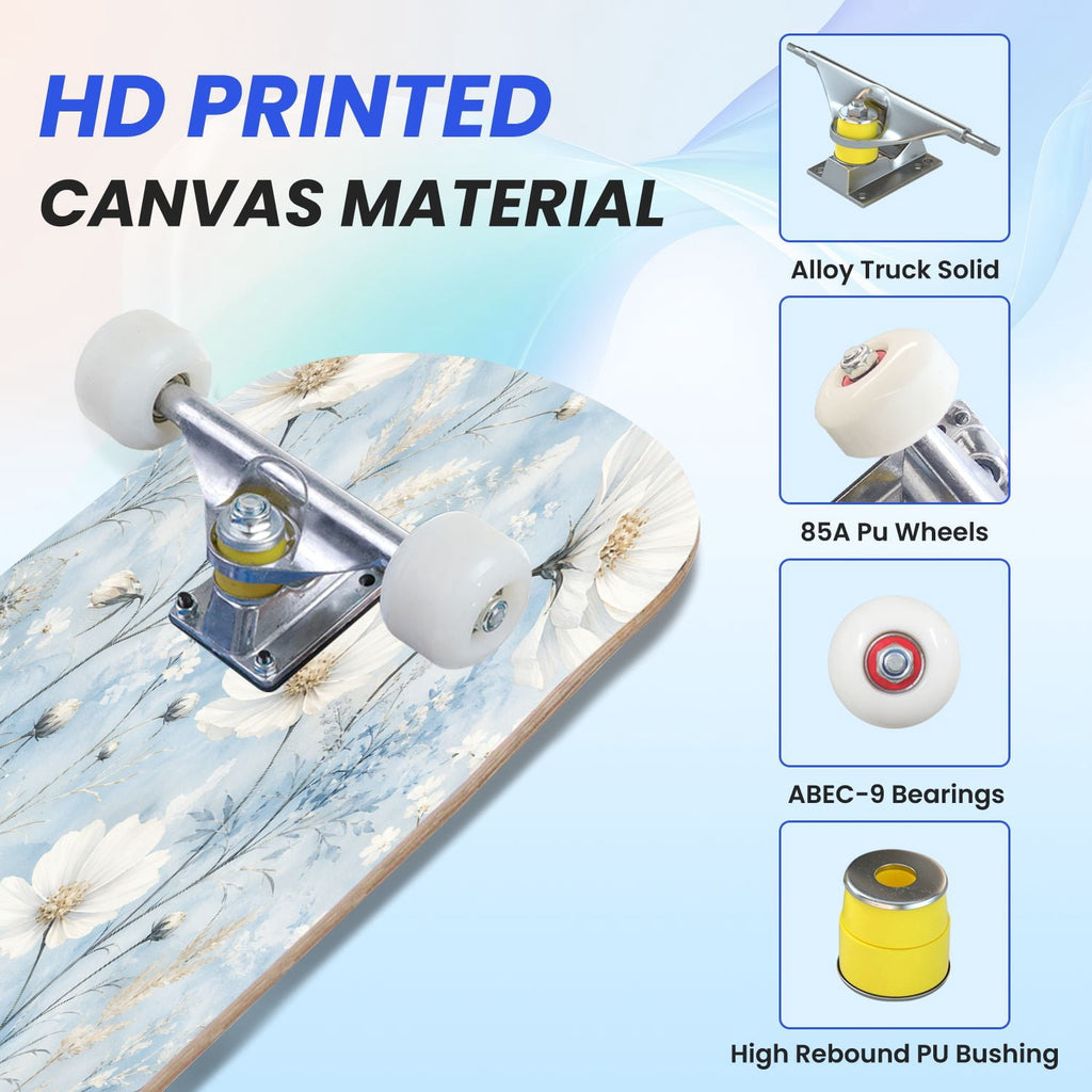 31"x8" Complete Skateboards for Beginners,Elegant White Blue Flowers Soft Petals Dreamy Artistic Double Kick 7 Ply Canadian Maple Deck Skateboard with Wheels, Gifts for Kids Teens