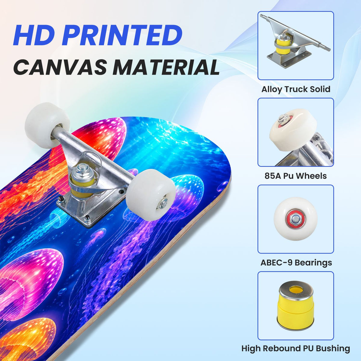 31"x8" Complete Skateboards for Beginners, Colorful Cosmic Octopus Tentacles Starry Marine Life Double Kick 7 Ply Canadian Maple Deck Skateboard with Wheels, Gifts for Kids Teens