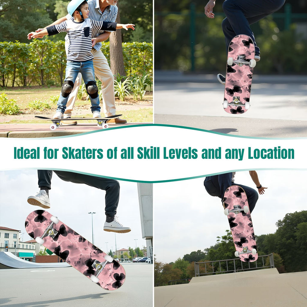 Delicate Pink Floral Ribbon Design 31" x 8" Complete Skateboard, 7-Ply Canadian Maple Double Kick Trick Board for Kids and Beginners Adult Gifts