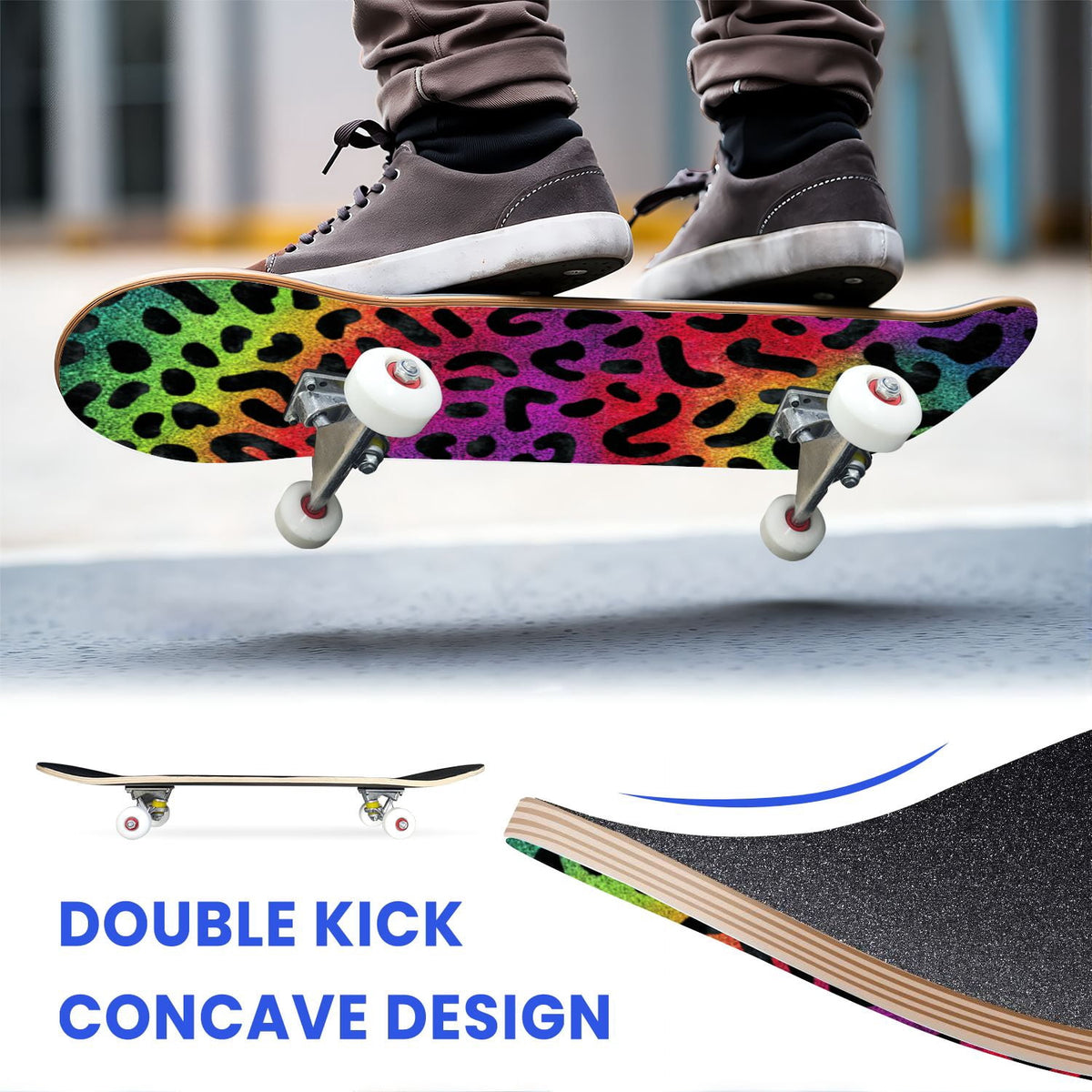 31"x8" Complete Skateboards for Beginners,Black Leopard Print Grey Double Kick 7 Ply Canadian Maple Deck Skateboard with Wheels, Gifts for Kids Teens