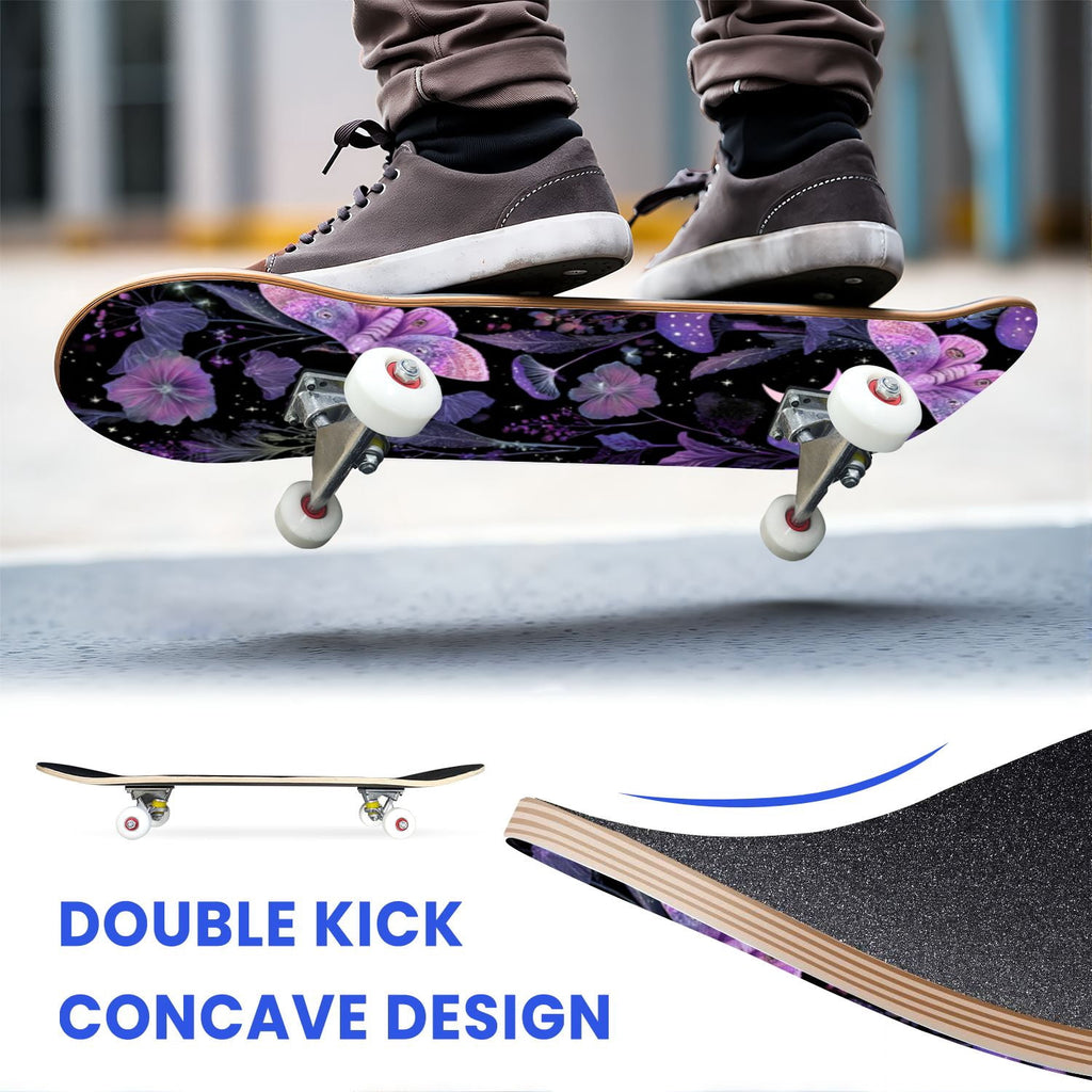 31"x8" Complete Skateboards for Beginners,Whimsical Blue Butterflies Green Foliage Dark Night Fantasy Double Kick 7 Ply Canadian Maple Deck Skateboard with Wheels, Gifts for Kids Teens