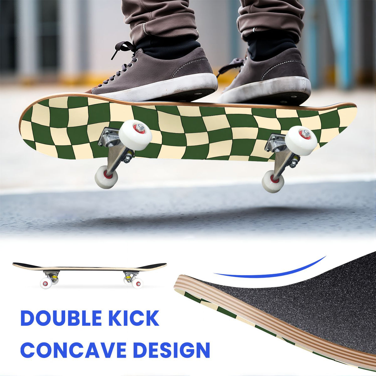 31"x8" Complete Skateboards for Beginners,Black Pink Checkered Retro Aesthetic Double Kick 7 Ply Canadian Maple Deck Skateboard with Wheels, Gifts for Kids Teens