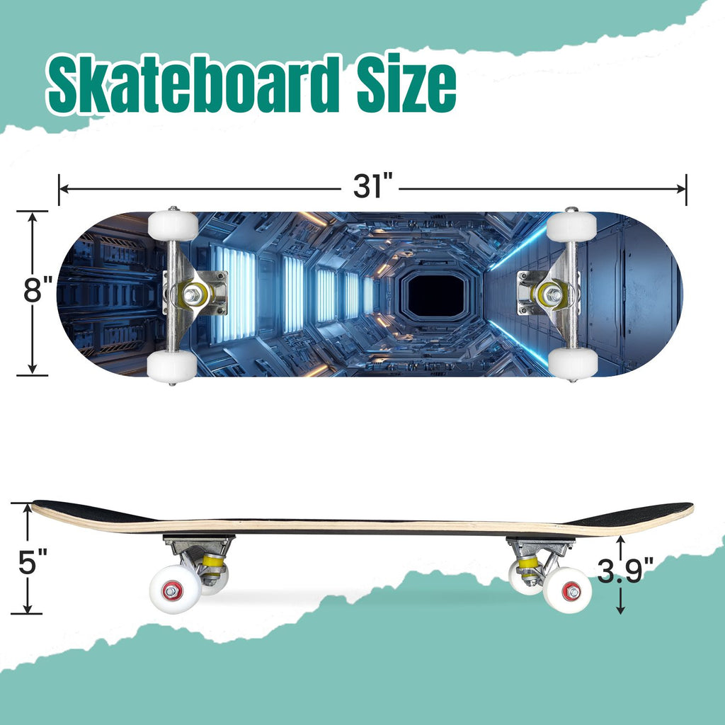 Futuristic Glowing Orange Neon Lines Dark Metallic Panels 31" x 8" Complete Skateboard, 7-Ply Canadian Maple Double Kick Trick Board for Kids and Beginners Adult Gifts