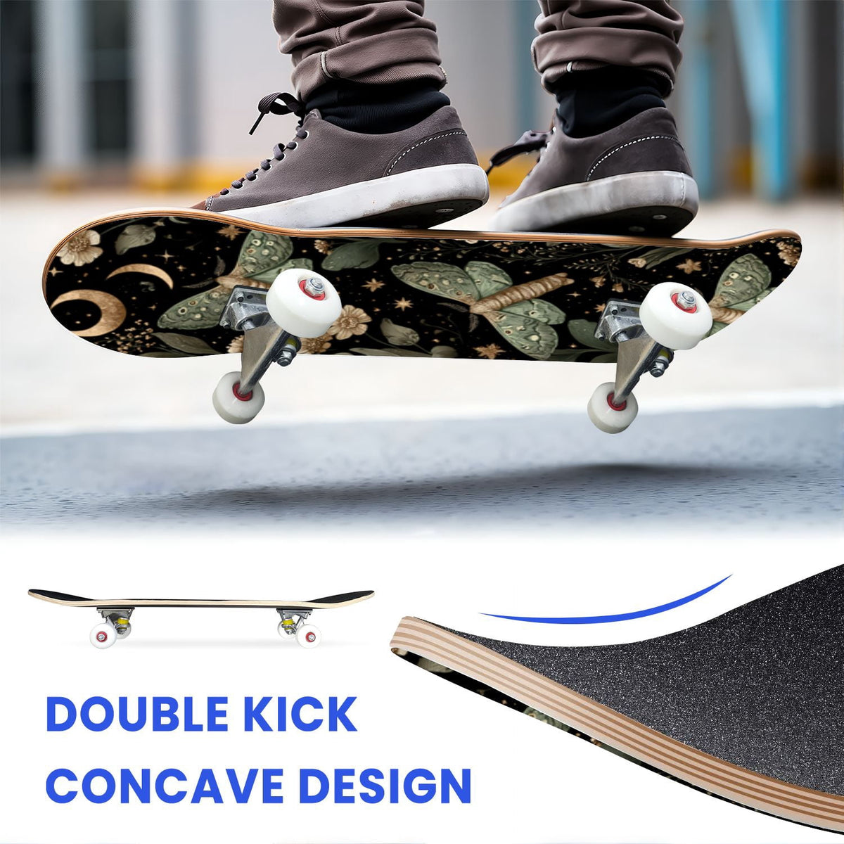 31"x8" Complete Skateboards for Beginners,Whimsical Blue Butterflies Green Foliage Dark Night Fantasy Double Kick 7 Ply Canadian Maple Deck Skateboard with Wheels, Gifts for Kids Teens