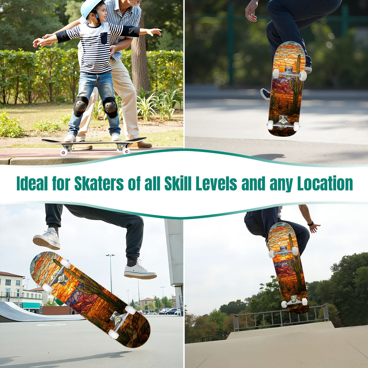 31"x8" Complete Skateboards for Beginners, Vibrant Stained Glass Window Butterflies Flowers Double Kick 7 Ply Canadian Maple Deck Skateboard with Wheels, Gifts for Kids Teens