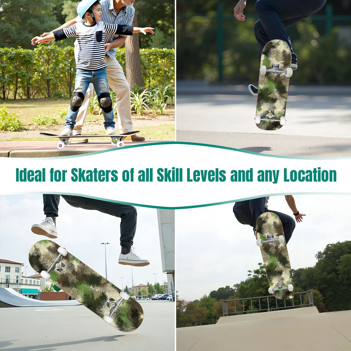 31"x8" Complete Skateboards for Beginners,Abstract Natural Earthy Tones Brush Strokes Camouflage Double Kick 7 Ply Canadian Maple Deck Skateboard with Wheels, Gifts for Kids Teens