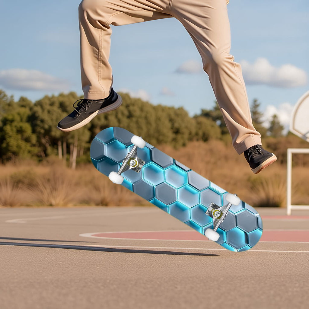 Futuristic Hexagonal Metallic Blue Glowing Orange Highlights 31" x 8" Complete Skateboard, 7-Ply Canadian Maple Double Kick Trick Board for Kids and Beginners Adult Gifts