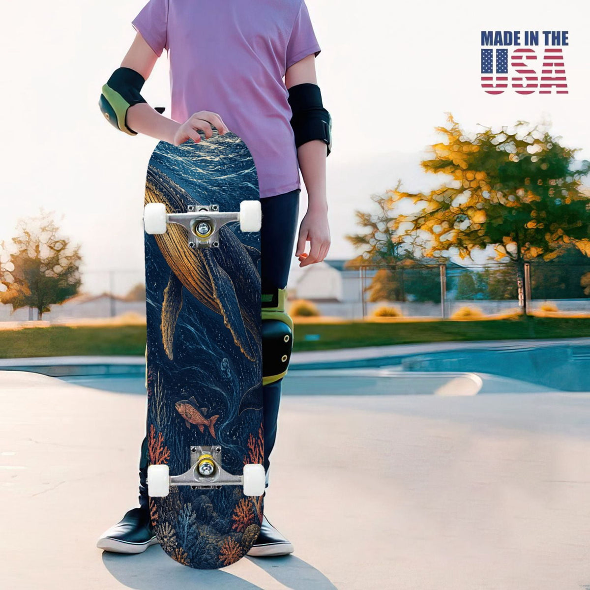 31"x8" Complete Skateboards for Beginners, Underwater Sharks Glowing Purple Jellyfish Marine Life Double Kick 7 Ply Canadian Maple Deck Skateboard with Wheels, Gifts for Kids Teens