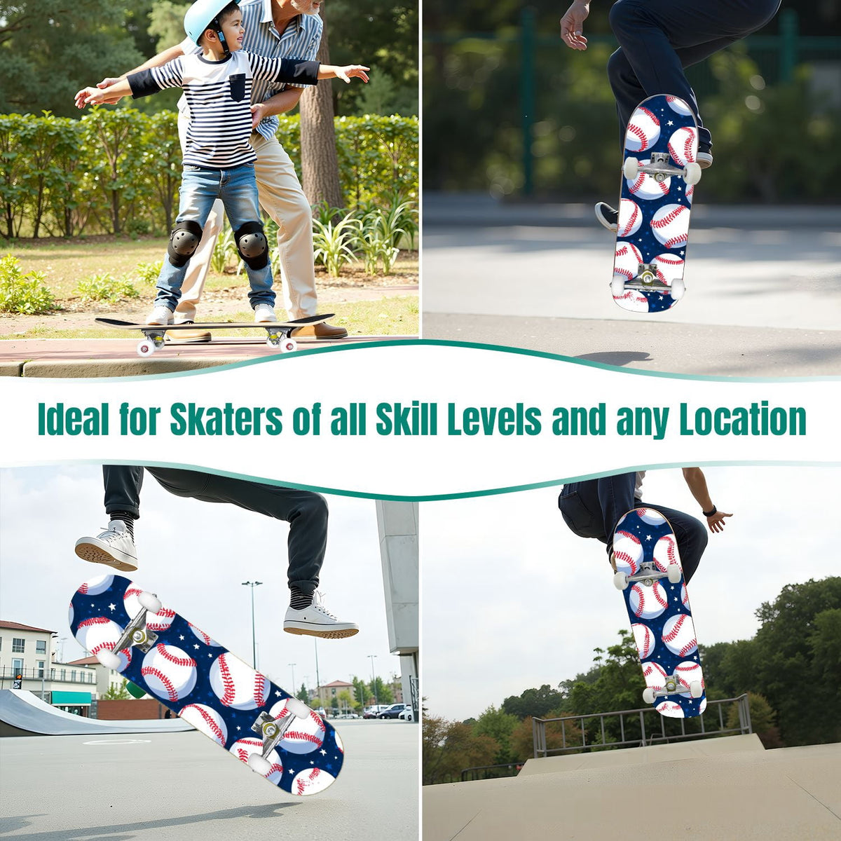 31"x8" Complete Skateboards for Beginners,Vintage Baseball Worn Red Stitches Rustic Double Kick 7 Ply Canadian Maple Deck Skateboard with Wheels, Sports Gifts for Kids Teens