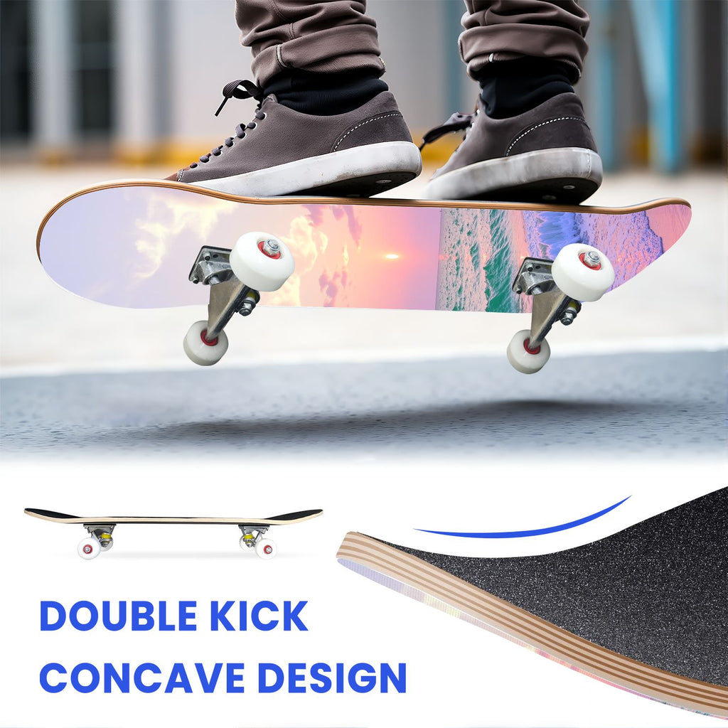 31"x8" Complete Skateboards for Beginners, Cherry Blossom Red Cherry Seamless Pink Botanical Double Kick 7 Ply Canadian Maple Deck Skateboard with Wheels, Gifts for Girls Teens