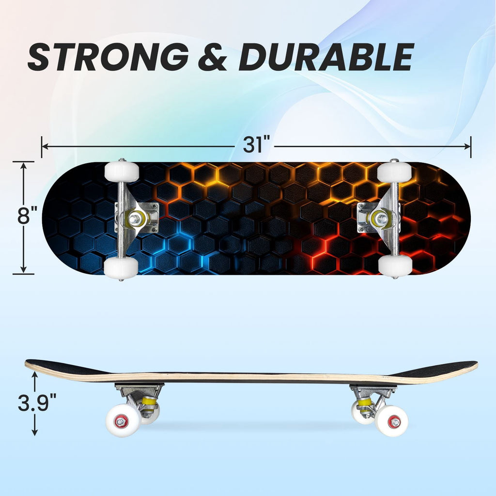 31"x8" Complete Skateboards for Beginners,Hexagon neon blue glow futuristic Double Kick 7 Ply Canadian Maple Deck Skateboard with Wheels, Gifts for Kids Teens