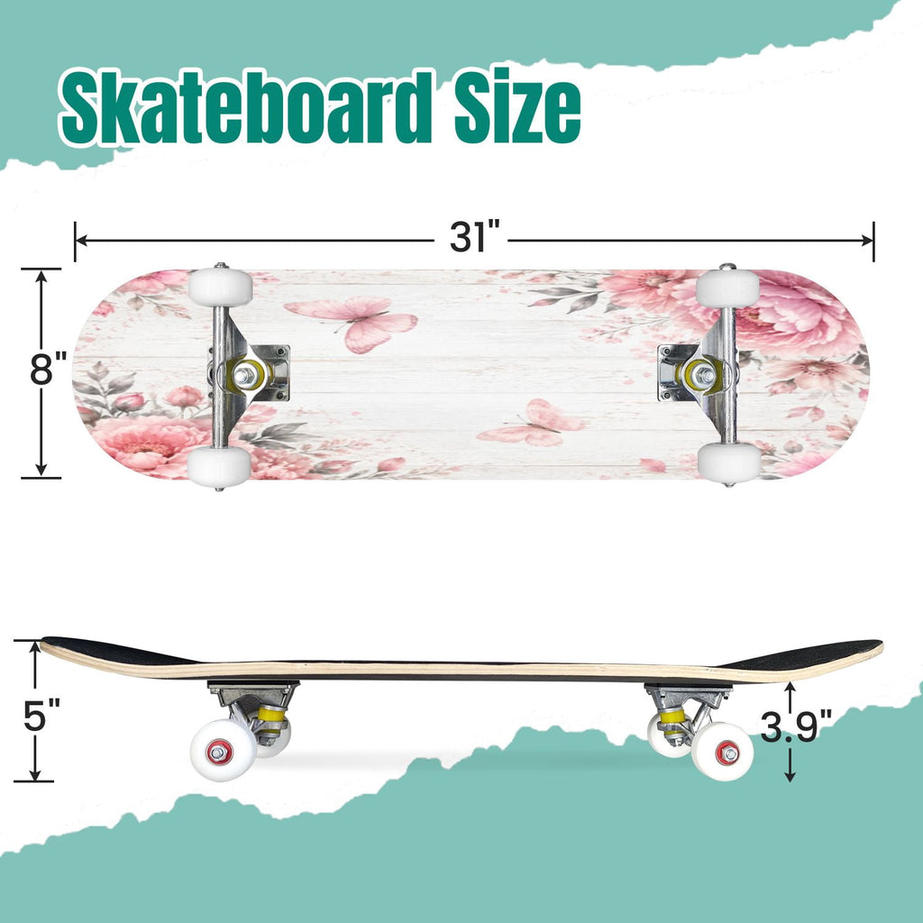 Rose Teal Rose Painting Turquoise Blue Flower Kitchen Decor 31" x 8" Complete Skateboard, 7-Ply Canadian Maple Double Kick Trick Board for Kids and Beginners Adult Gifts