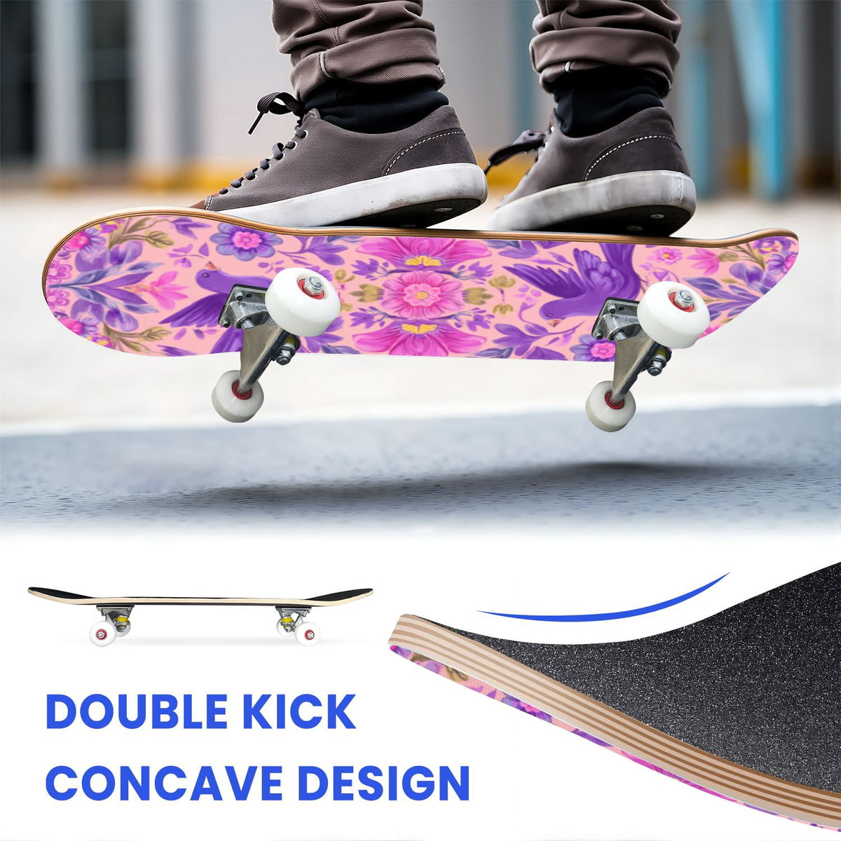 31"x8" Complete Skateboards for Beginners, Blue Deep Sea Sailing Ship Octopus Lighthouse Clouds Ocean Double Kick 7 Ply Canadian Maple Deck Skateboard with Wheels, Gifts for Kids Teens