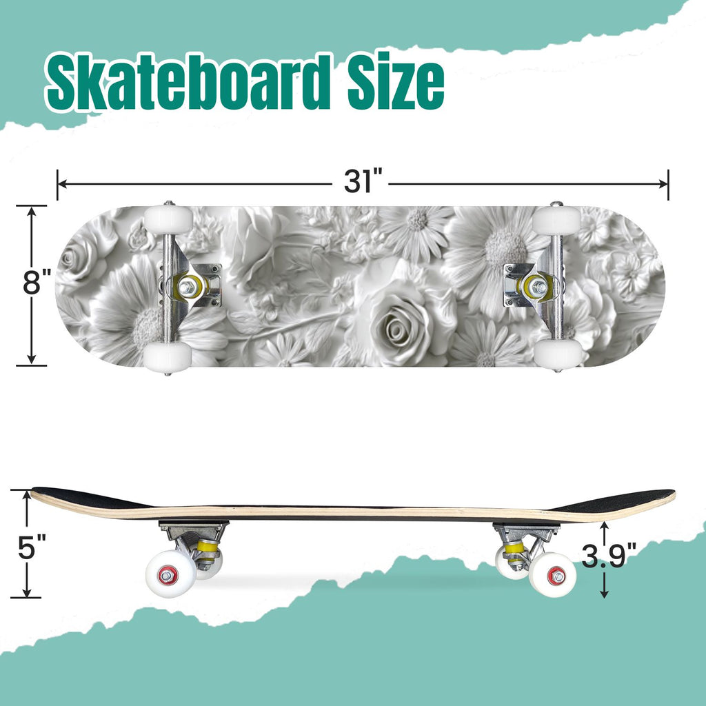 Delicate White Lotus Flowers Leaves Soft Blue 31" x 8" Complete Skateboard, 7-Ply Canadian Maple Double Kick Trick Board for Kids and Beginners Adult Gifts