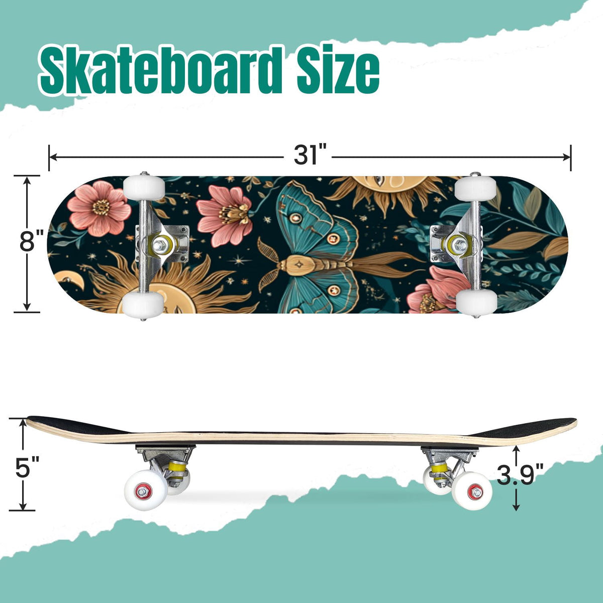 Golden Floral Line Art Seamless 31" x 8" Complete Skateboard, 7-Ply Canadian Maple Double Kick Trick Board for Kids and Beginners Adult Gifts