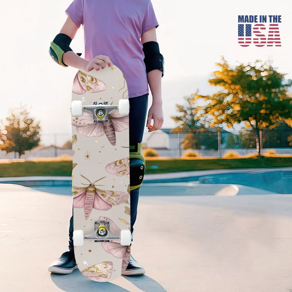 31"x8" Complete Skateboards for Beginners,Whimsical Moths Flowers Pastel Colors Stars Moon Mystical Double Kick 7 Ply Canadian Maple Deck Skateboard with Wheels, Gifts for Kids Teens