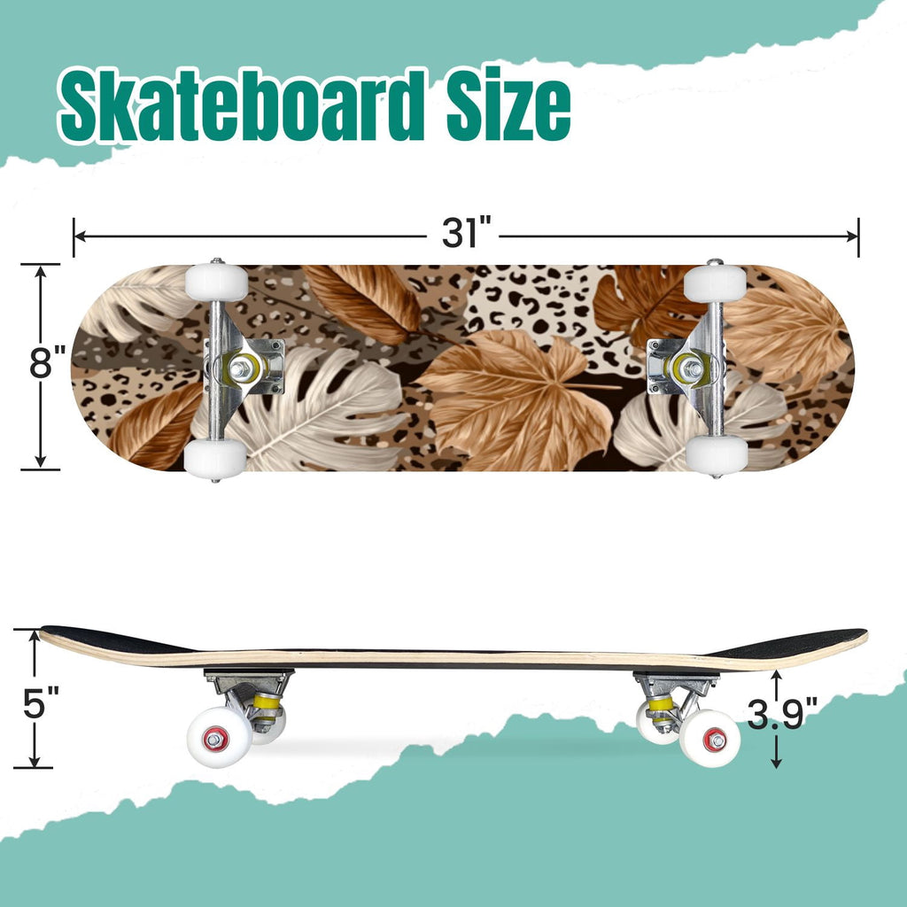 Monstera Leaves Leopard Print Seamless Earth Tones 31" x 8" Complete Skateboard, 7-Ply Canadian Maple Double Kick Trick Board for Kids and Beginners Adult Gifts