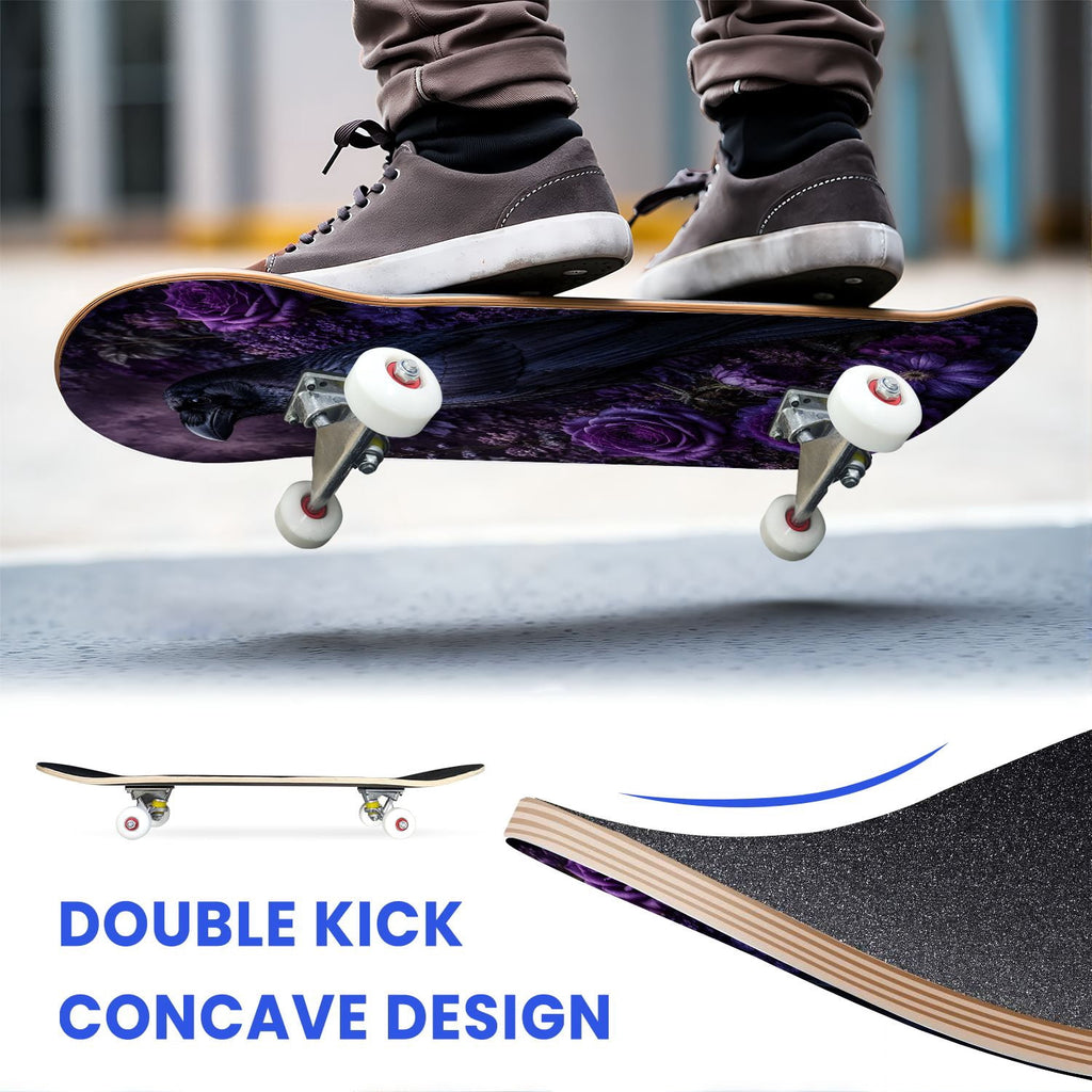 31"x8" Complete Skateboards for Beginners, Colorful Mushroom Floral Magical Night Forest Vintage Double Kick 7 Ply Canadian Maple Deck Skateboard with Wheels, Gifts for Kids Teens