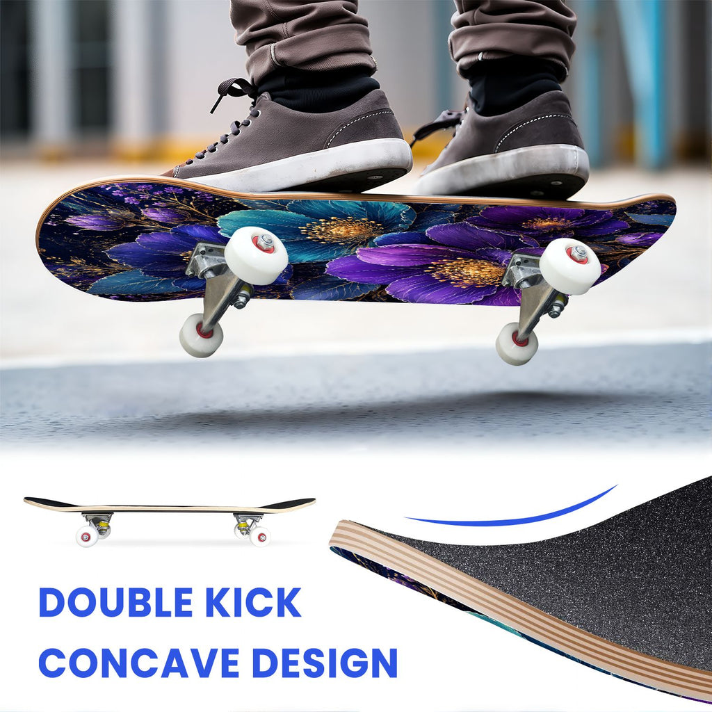 31"x8" Complete Skateboards for Beginners, Vibrant Purple Teal Floral Artwork Golden Accents Vintage Double Kick 7 Ply Canadian Maple Deck Skateboard with Wheels, Gifts for Kids Teens