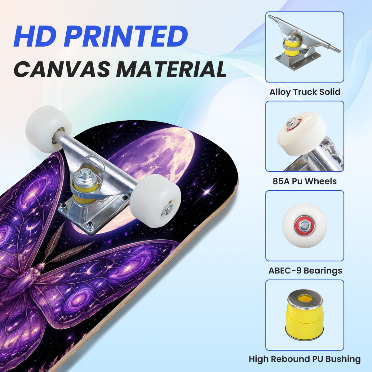 31"x8" Complete Skateboards for Beginners, Mystical Purple Butterfly Glowing Mushrooms Under Full Moon Double Kick 7 Ply Canadian Maple Deck Skateboard with Wheels, Gifts for Kids Teens