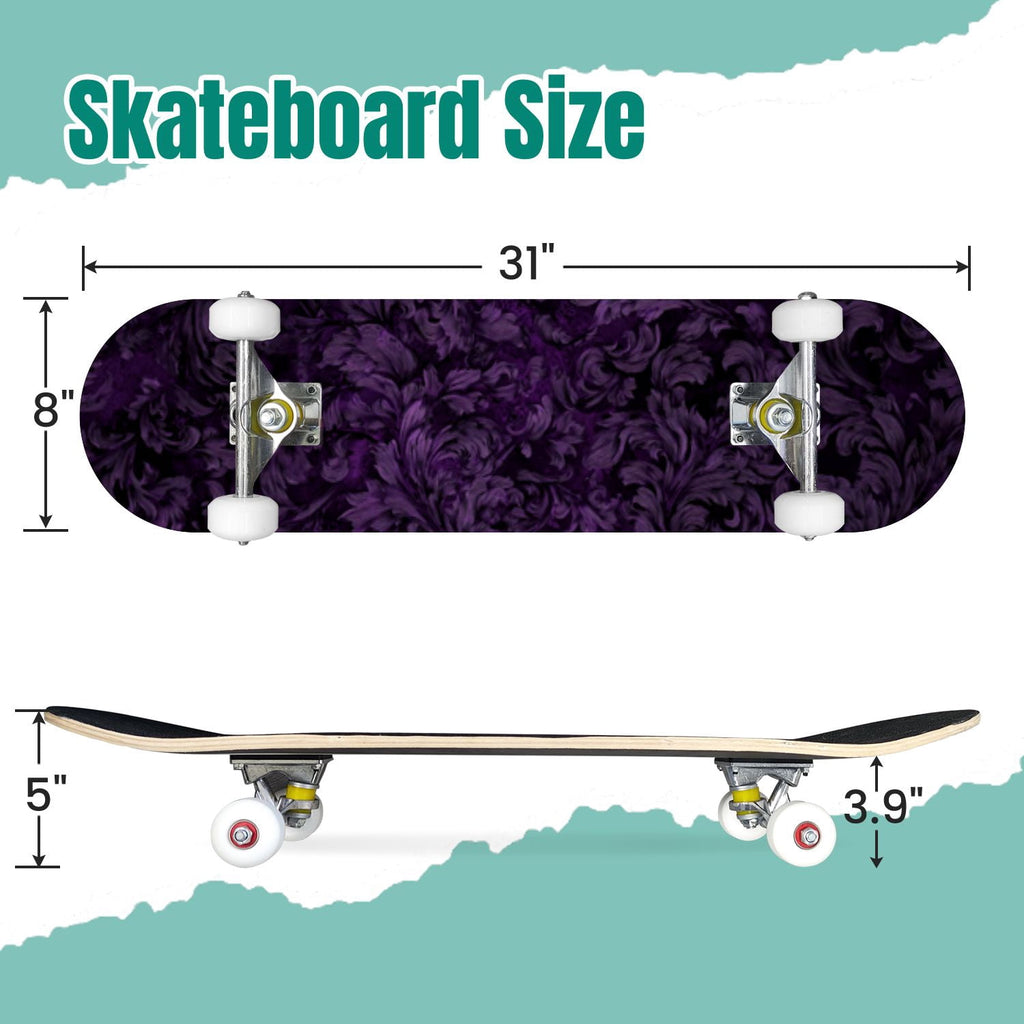 Elegant Purple Damask 31" x 8" Complete Skateboard, 7-Ply Canadian Maple Double Kick Trick Board for Kids and Beginners Adult Gifts
