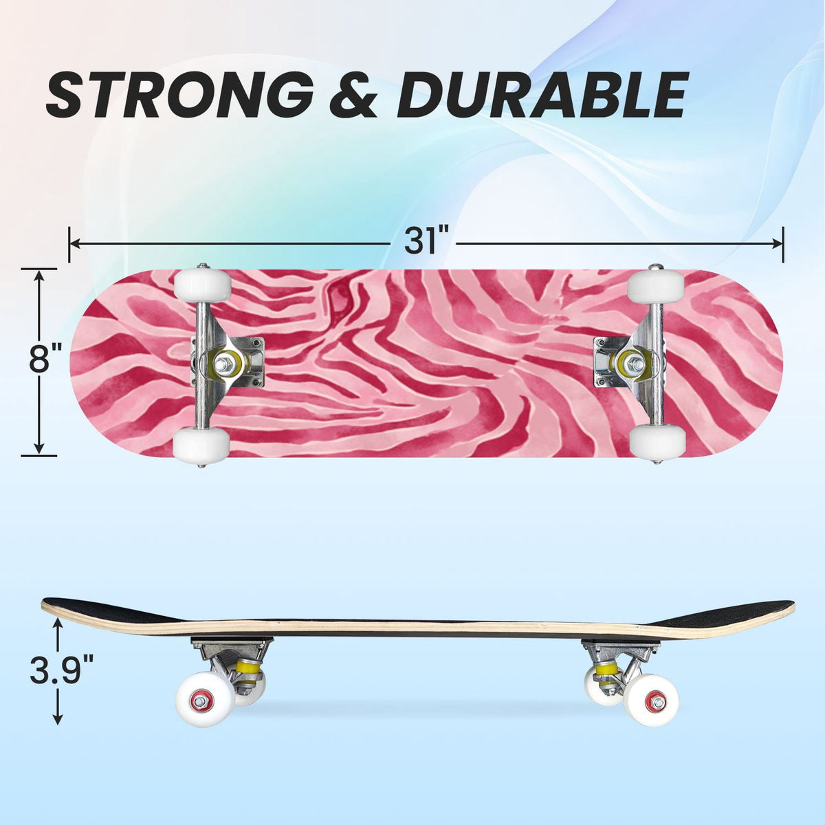 31"x8" Complete Skateboards for Beginners,Leopard Print Black Brown Beige Double Kick 7 Ply Canadian Maple Deck Skateboard with Wheels, Gifts for Kids Teens