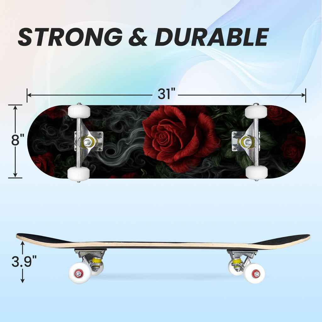 31"x8" Complete Skateboards for Beginners, Vintage Forest Woodland Large Trees Leaves River Cottage Double Kick 7 Ply Canadian Maple Deck Skateboard with Wheels, Gifts for Kids Teens