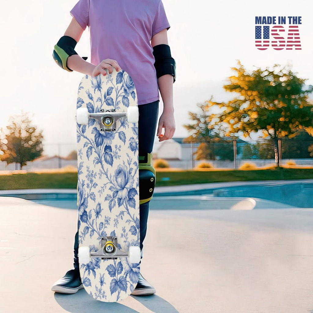 31"x8" Complete Skateboards for Beginners,Elegant White Blue Flowers Soft Petals Dreamy Artistic Double Kick 7 Ply Canadian Maple Deck Skateboard with Wheels, Gifts for Kids Teens