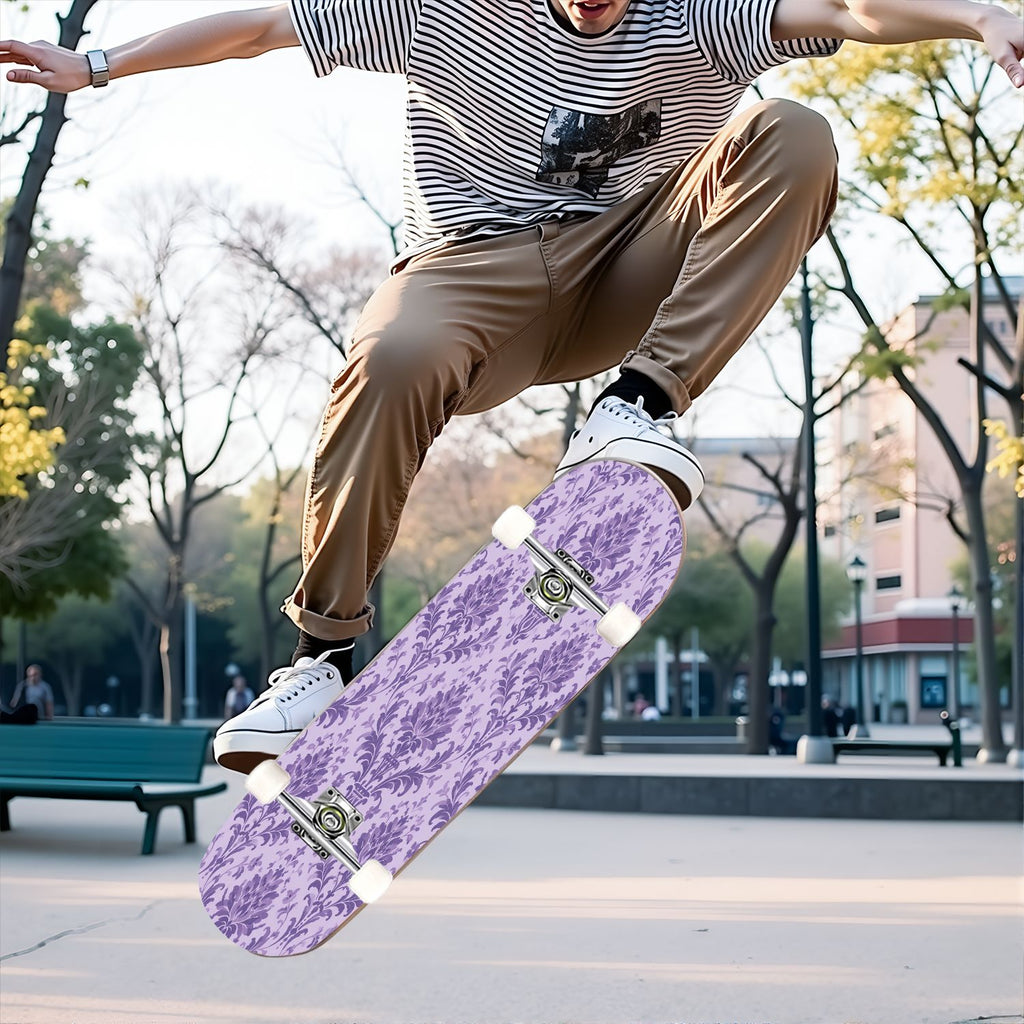31"x8" Complete Skateboards for Beginners, Vibrant Purple Teal Floral Artwork Golden Accents Vintage Double Kick 7 Ply Canadian Maple Deck Skateboard with Wheels, Gifts for Kids Teens