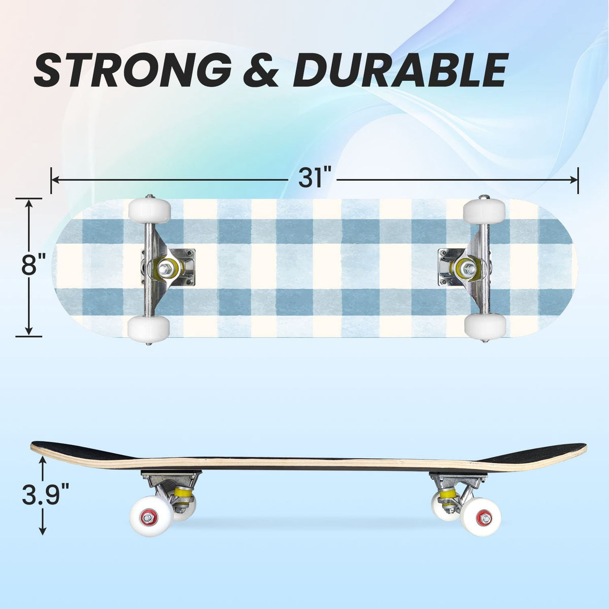 31"x8" Complete Skateboards for Beginners,Light Green White Gingham Checkered Double Kick 7 Ply Canadian Maple Deck Skateboard with Wheels, Gifts for Kids Teens