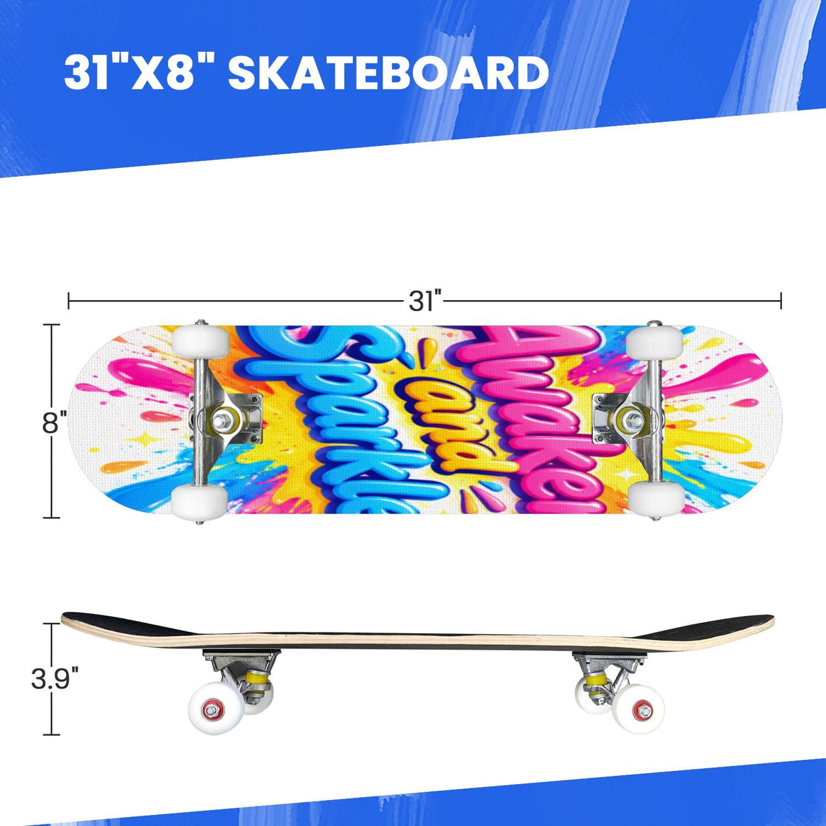Complete Skateboard Vibrant Brush Stroke Art 31 Inch 7-Ply Maple Skateboard with PU Wheels and Aluminum Trucks, Ready-to-Ride Skateboard for Beginners, Teens and Adults