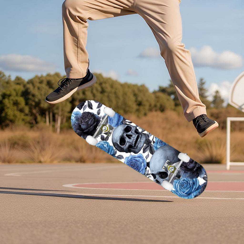Gothic Purple Blue Floral Dark 31" x 8" Complete Skateboard, 7-Ply Canadian Maple Double Kick Trick Board for Kids and Beginners Adult Gifts