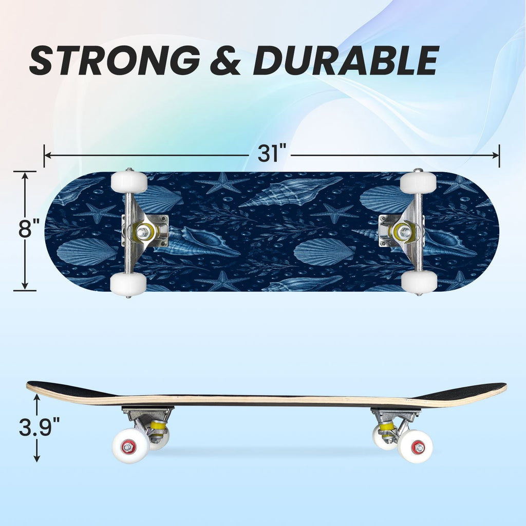 31"x8" Complete Skateboards for Beginners, Seashell Starfish Blue White Nautical Marine Life Double Kick 7 Ply Canadian Maple Deck Skateboard with Wheels, Gifts for Kids Teens
