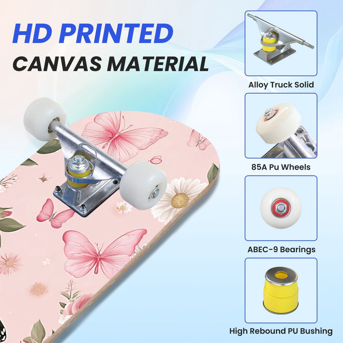 31"x8" Complete Skateboards for Beginners, Elegant Floral Pink Roses Blue Butterflies Double Kick 7 Ply Canadian Maple Deck Skateboard with Wheels, Gifts for Kids Teens