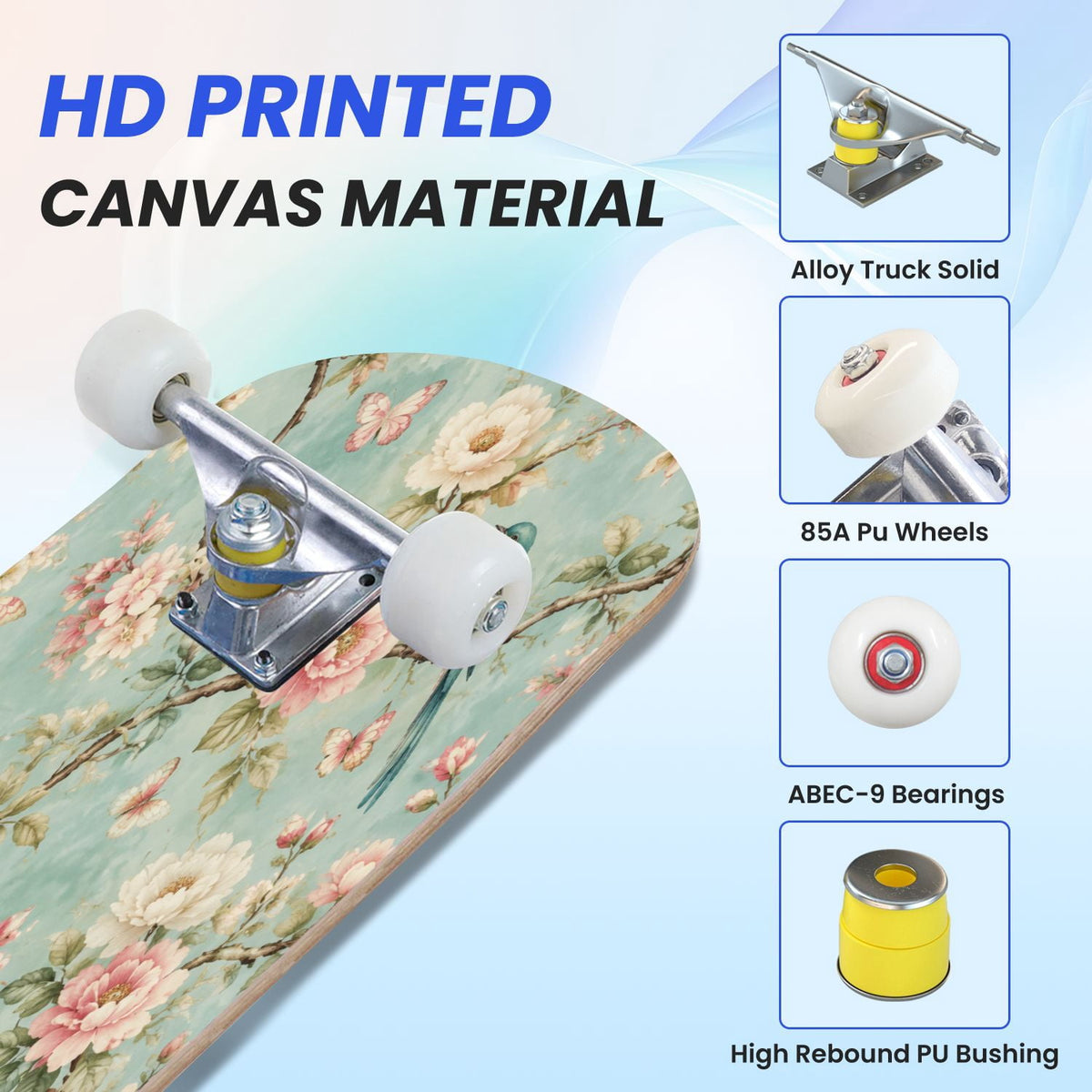31"x8" Complete Skateboards for Beginners,Seamless Blue Watercolor Crabs Floral Accents Light Double Kick 7 Ply Canadian Maple Deck Skateboard with Wheels, Gifts for Kids Teens