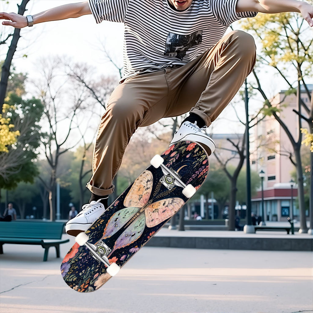 31"x8" Complete Skateboards for Beginners, Colorful Butterfly Blooming Flowers Under Full Moon Starry Double Kick 7 Ply Canadian Maple Deck Skateboard with Wheels, Gifts for Kids Teens