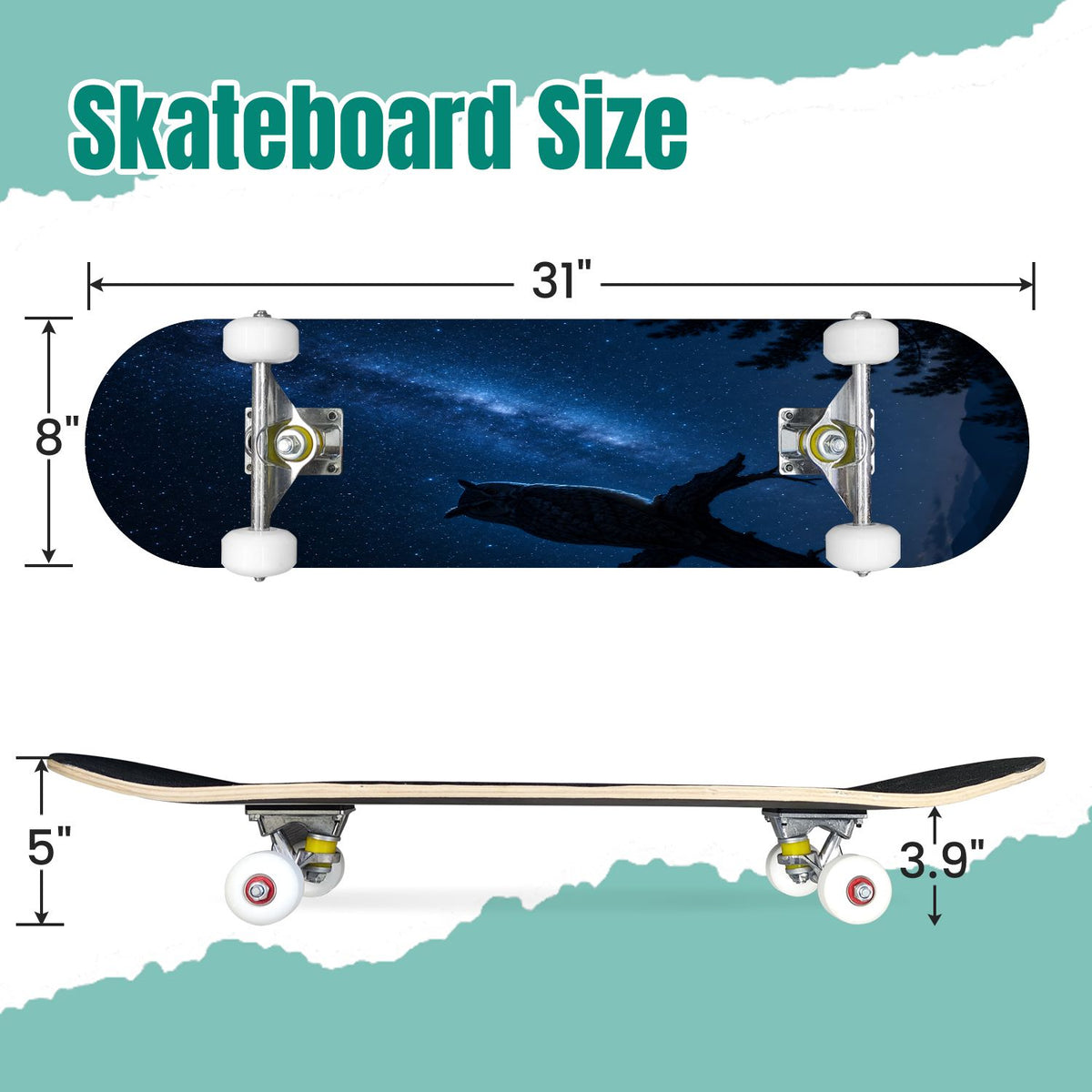 White Birch Tree Bark Natural Knots Horizontal Lines 31" x 8" Complete Skateboard, 7-Ply Canadian Maple Double Kick Trick Board for Kids and Beginners Adult Gifts