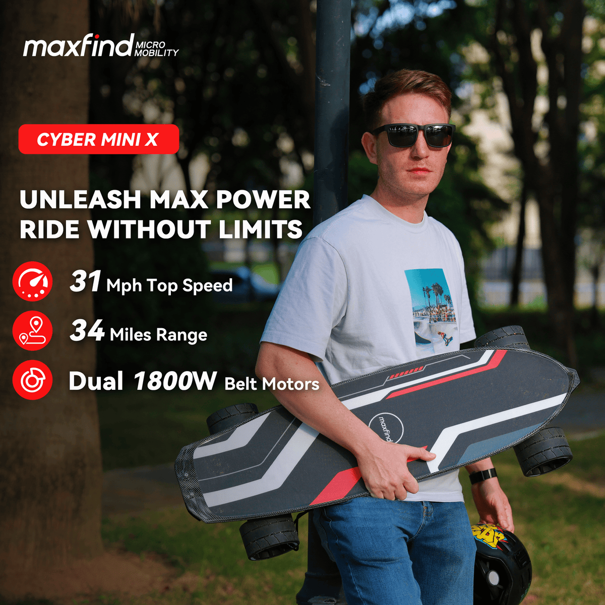 Maxfind Cyber Mini Electric Skateboard with Remote, 32.8", Dual Hub Motors, 24 mph, 15 Miles, App Control