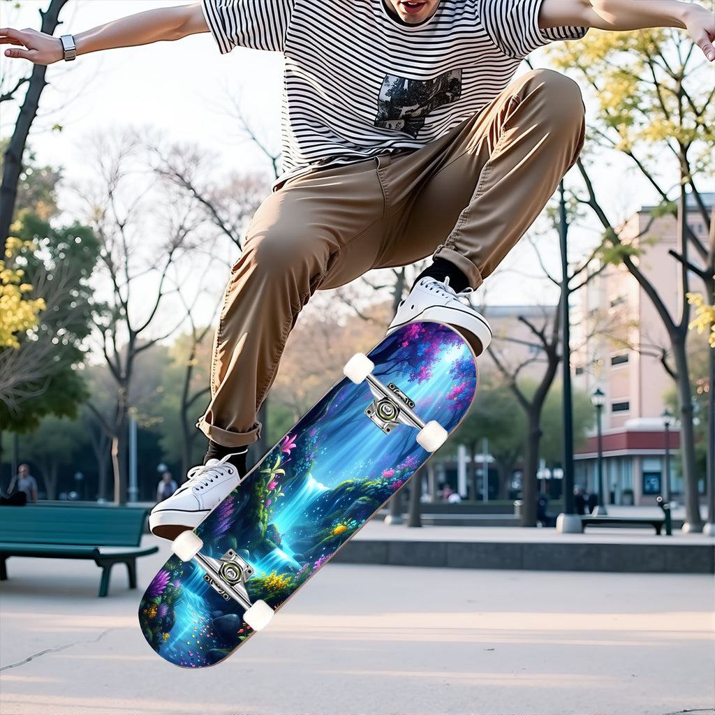 31"x8" Complete Skateboards for Beginners, Magical Forest Glowing Mushrooms Twinkling Fantasy Double Kick 7 Ply Canadian Maple Deck Skateboard with Wheels, Gifts for Kids Teens