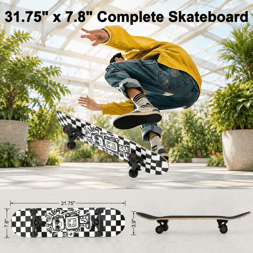 Checkerbot 31"x8" Standard Complete Skateboard with 7 Layer Canadian Maple for Beginners Adults Teens
