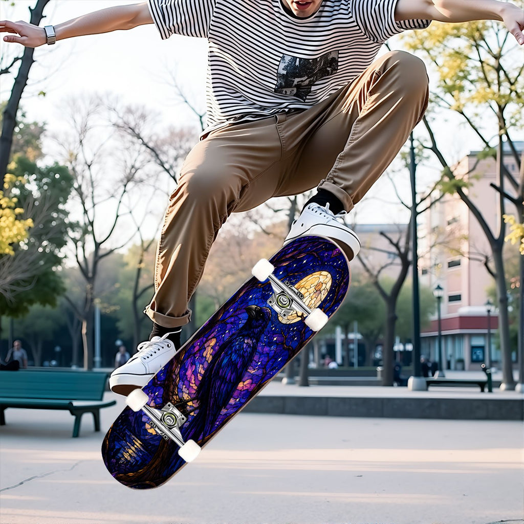 31"x8" Complete Skateboards for Beginners, Colorful Mushroom Floral Magical Night Forest Vintage Double Kick 7 Ply Canadian Maple Deck Skateboard with Wheels, Gifts for Kids Teens