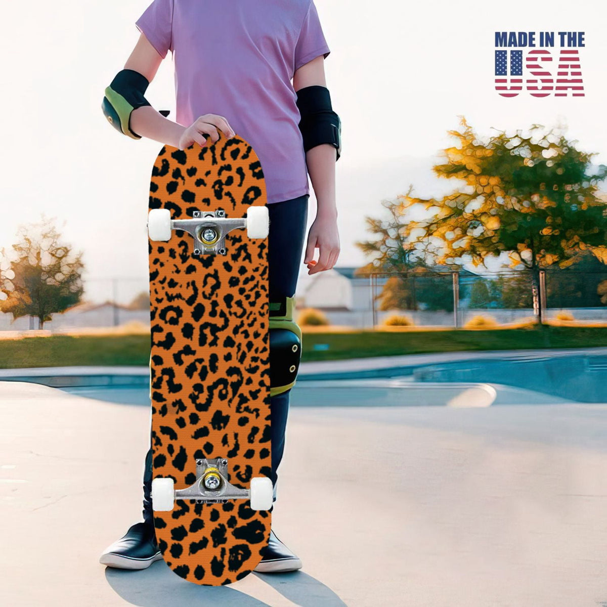 31"x8" Complete Skateboards for Beginners,Leopard Print Black Brown Beige Double Kick 7 Ply Canadian Maple Deck Skateboard with Wheels, Gifts for Kids Teens